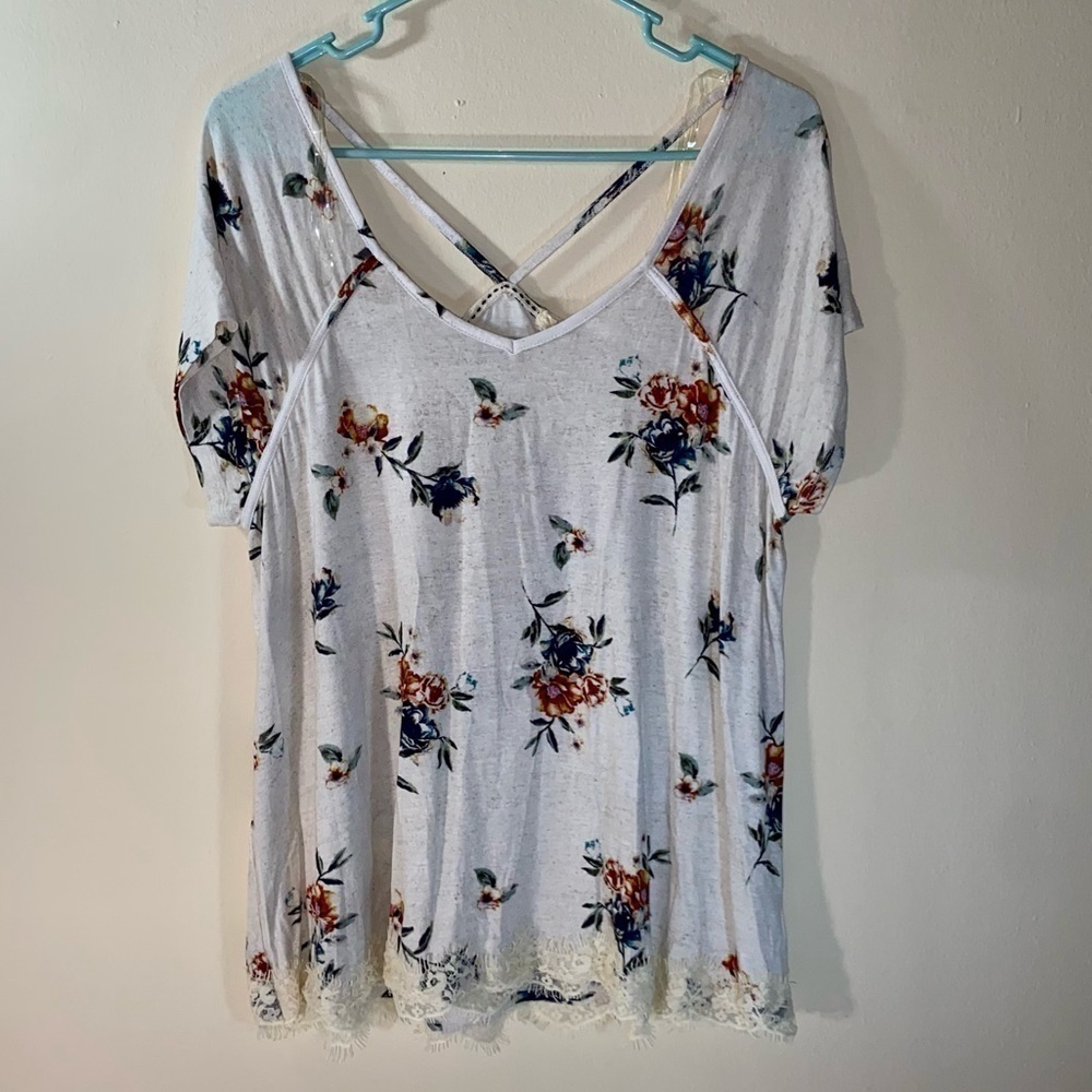 Rewind Blouse Open Back Short Sleeve Floral Lace Crewneck Pull over Top Y2K XL